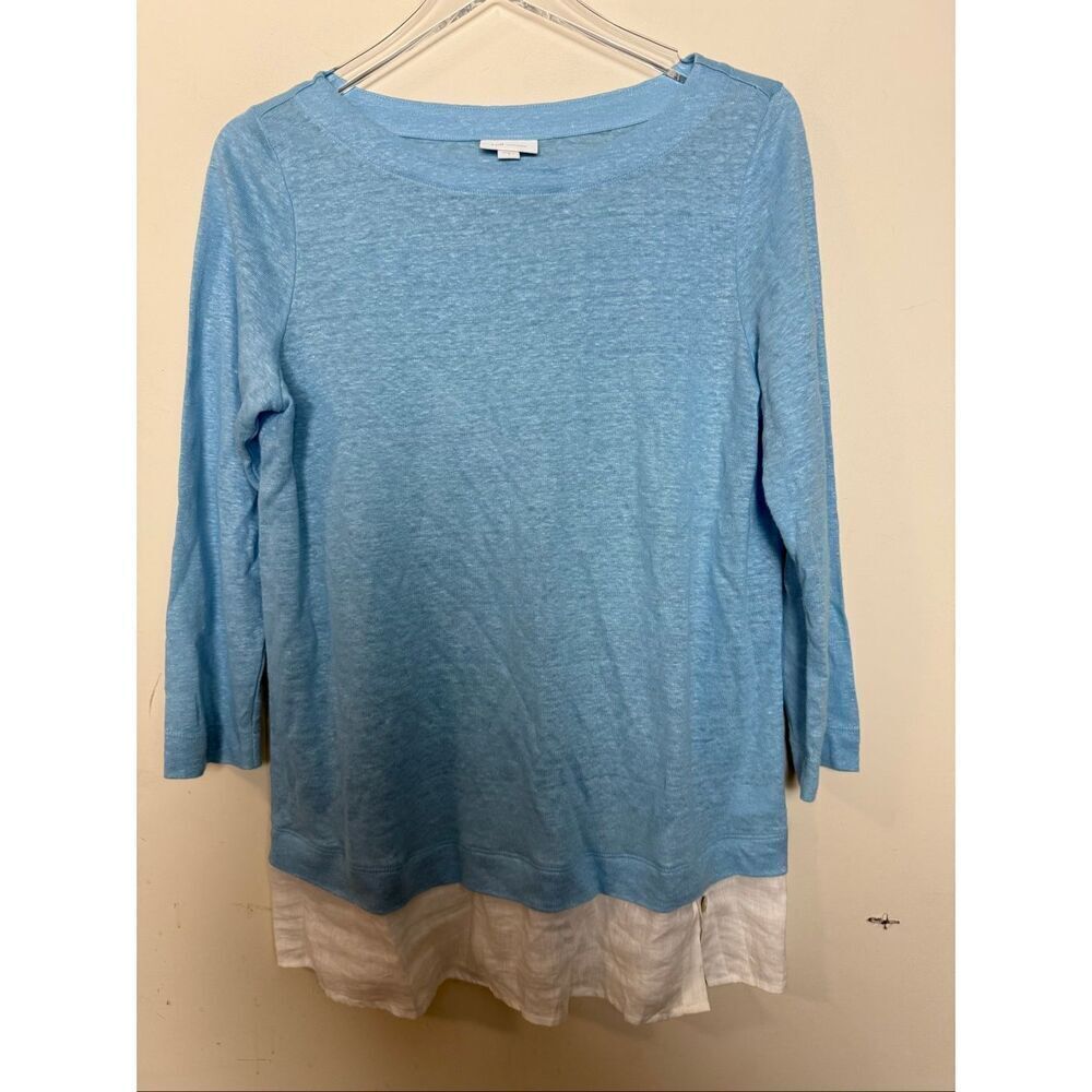 J.Jill Love Linen Blue Layered Hem Tunic Top Size Small 100% Linen Coastal Casua